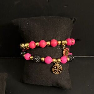 Rustic Cuff Pink and Gold Beaded Bracelet Set